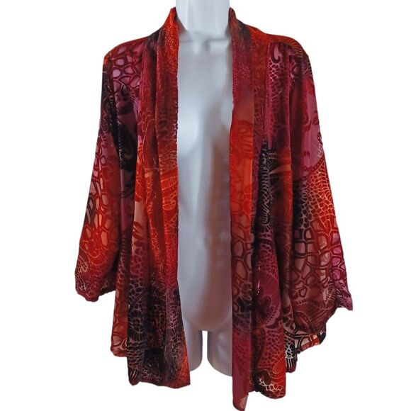 Notations Burnout Velvet Cardigan L Sheer Red Black Ruched Sleeve Boho Layer - Picture 2 of 9
